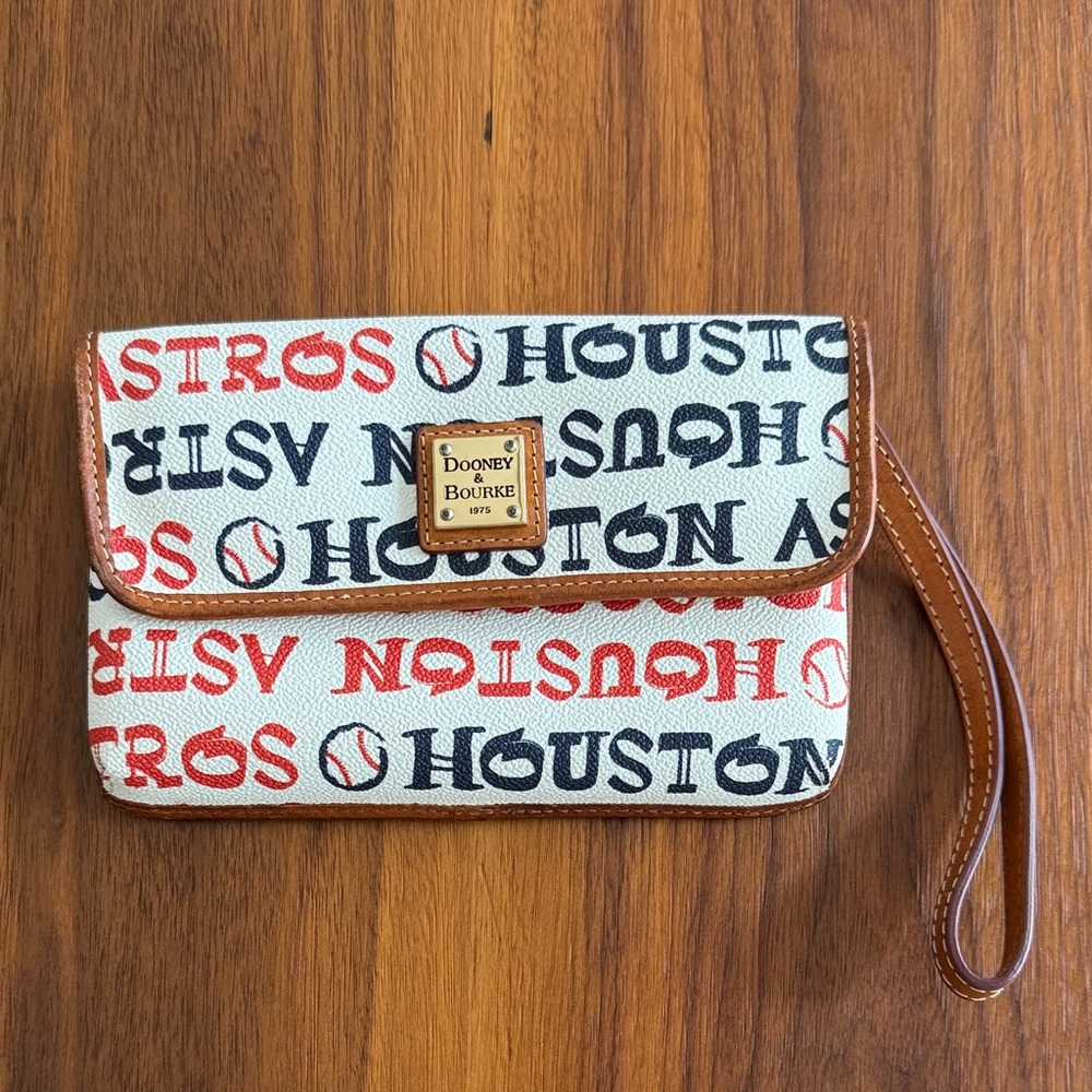 Dooney & Bourke Cream Canvas Wristlet with Red and Navy Houston Print